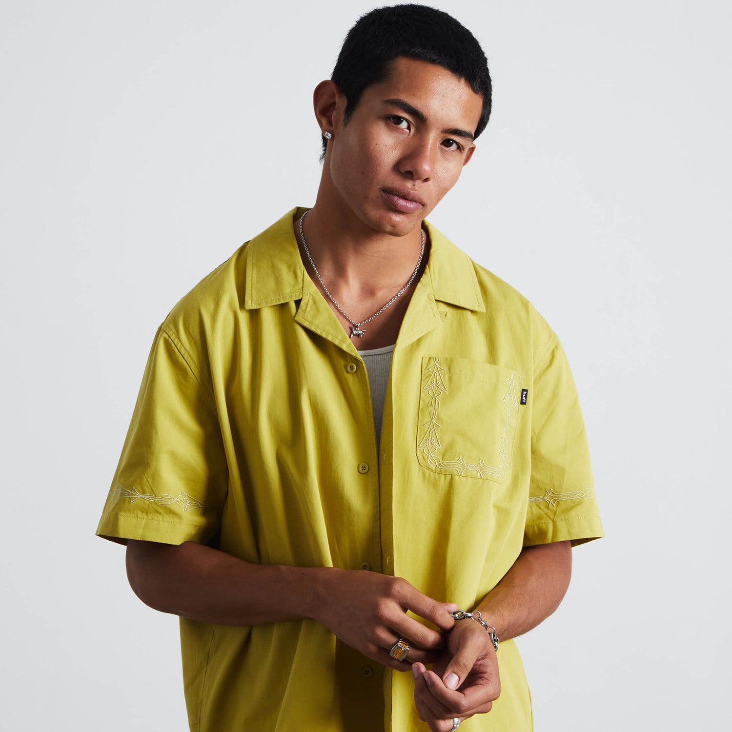 HUF (ハフ) Worldwide JP /TOPS & SHIRTS(トップス&シャツ)/ PINSTRIPE EMBROIDERED RESORT SHIRT商品 / AVOCADO