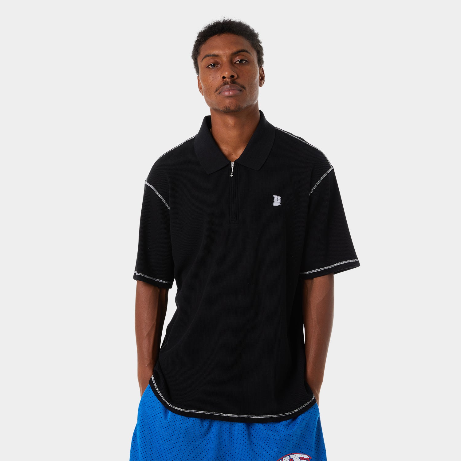 HUF (ハフ) Worldwide JP /TOPS & SHIRTS(トップス&シャツ)/ WAFFLE KNIT CONTRAST POLO TOP商品 / BLACK