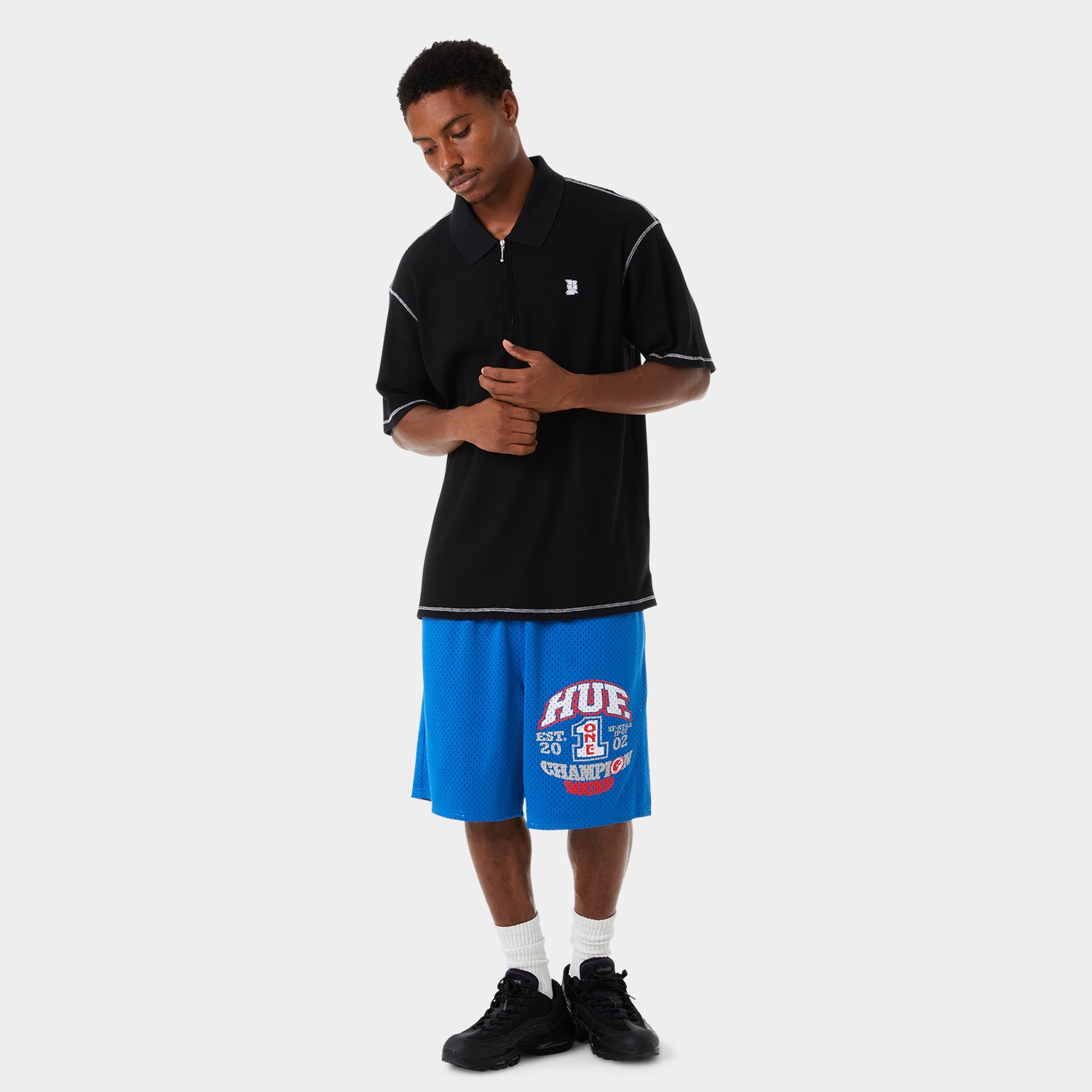 HUF (ハフ) Worldwide JP /TOPS & SHIRTS(トップス&シャツ)/ WAFFLE KNIT CONTRAST POLO TOP商品 / BLACK