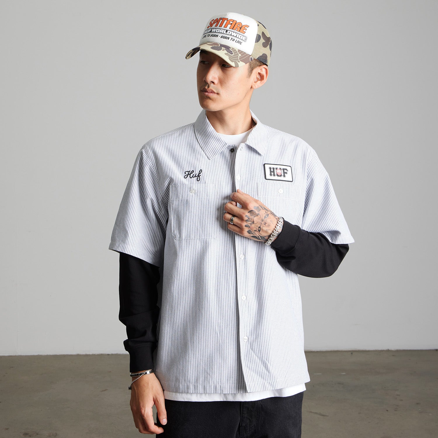 HUF (ハフ) Worldwide JP /TOPS & SHIRTS（トップス&シャツ）/ huf X SPITFIRE UNION WORK SHIRT商品 / BLACK/WHITE