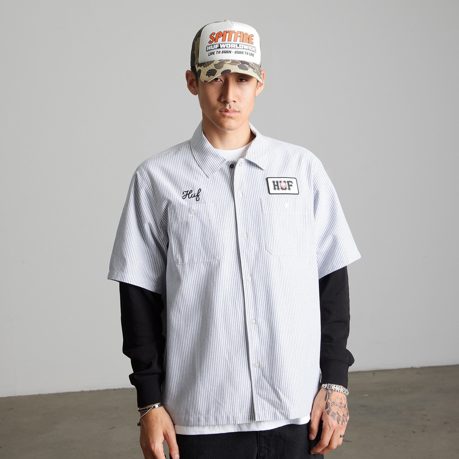 HUF (ハフ) Worldwide JP /TOPS & SHIRTS（トップス&シャツ）/ huf X SPITFIRE UNION WORK SHIRT商品 / BLACK/WHITE