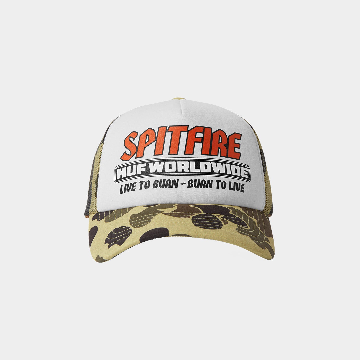 HUF (ハフ) Worldwide JP / HATS & BEANIES（ハット&ビーニー） / huf X SPITFIRE BURN FOREVER TRUCKER HAT商品 / CAMO