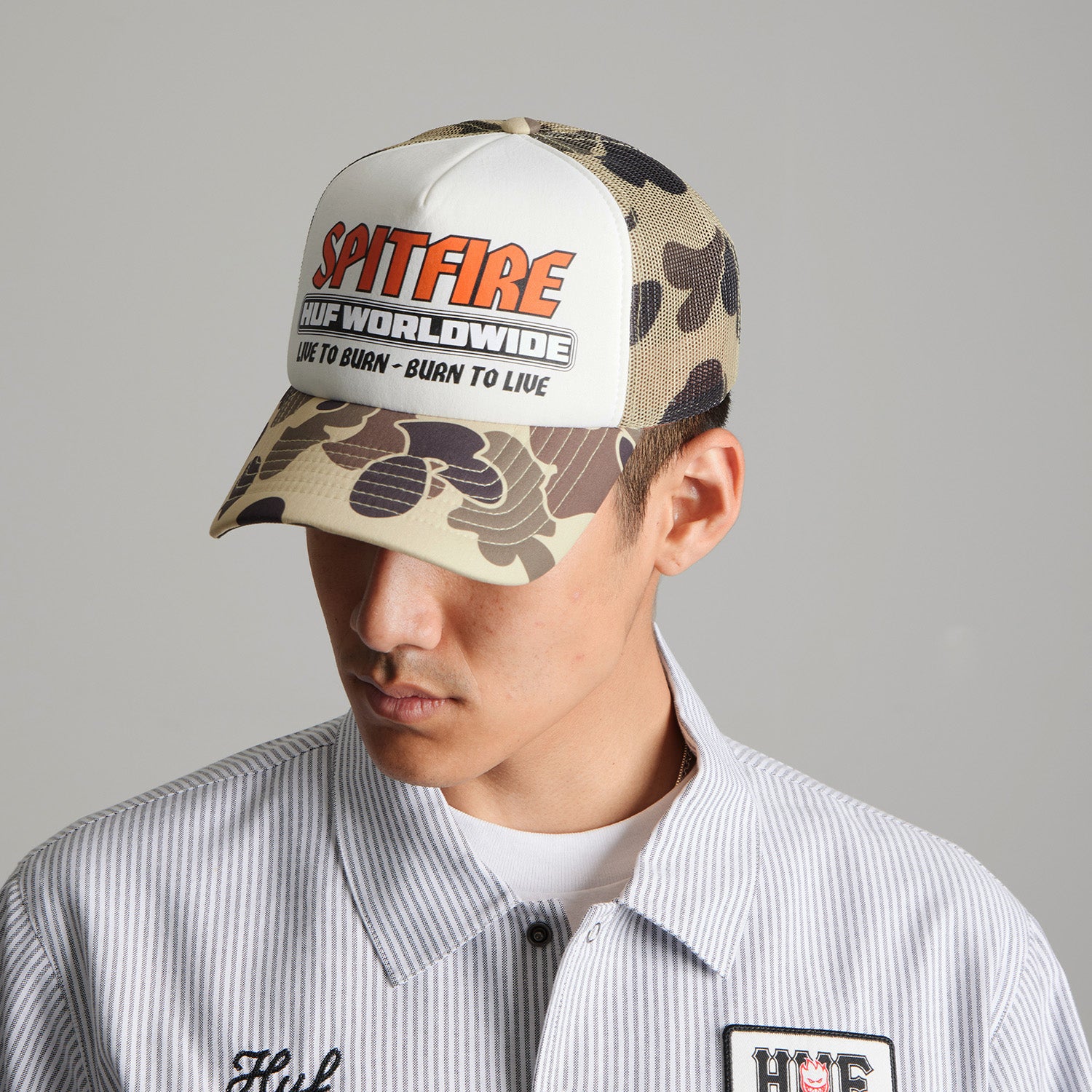HUF (ハフ) Worldwide JP /HATS & BEANIES（ハット&ビーニー）/ huf X SPITFIRE BURN FOREVER TRUCKER HAT商品 / CAMO