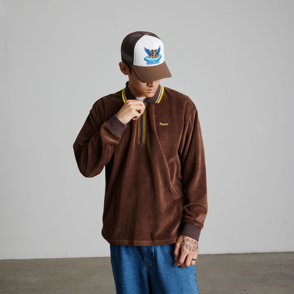 HUF (ハフ) Worldwide JP /TOPS & SHIRTS（トップス&シャツ）/ PARKER VELOUR LS POLO商品 / BROWN